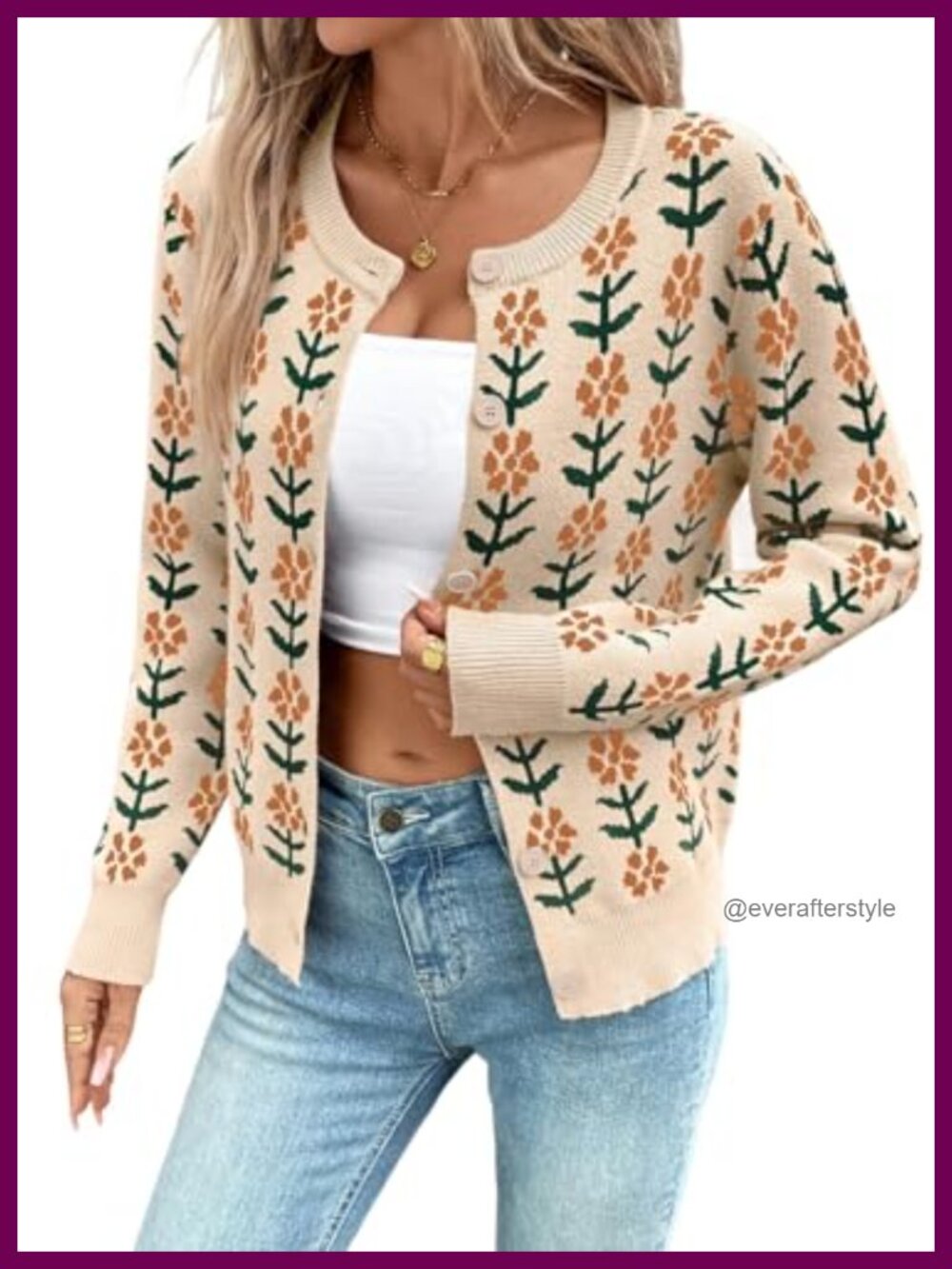 Knit Floral Pattern Button Down Open Front Cropped Cardigan Sweater